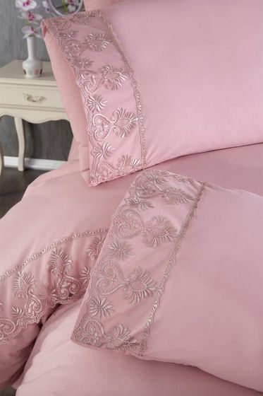 Öykü Duvet Cover Set 6pcs, Duvet Cover 200x220, Bedsheet 240x260 Cotton Fabric, Full Size, Double Size Pink