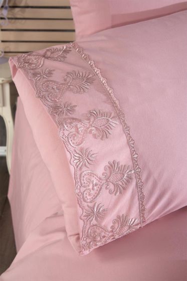 Öykü Duvet Cover Set 6pcs, Duvet Cover 200x220, Bedsheet 240x260 Cotton Fabric, Full Size, Double Size Pink