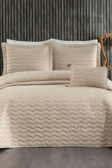 Perla King Size Quilted Bedspread 250x260 with Pillowcase, Full Bed, Cotton Fabric, Double Size Cappucino