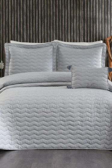 Perla King Size Quilted Bedspread 250x260 with Pillowcase, Full Bed, Cotton Fabric, Double Size Gray