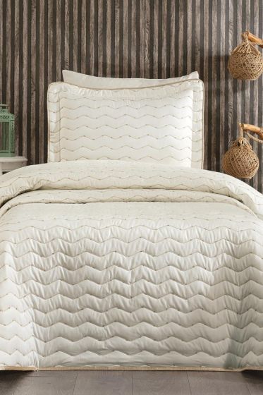 Perla Queen Size Quilted Bedspread 180x240 with Pillowcase, Queen Bed, Cotton Fabric, Single Size Cream