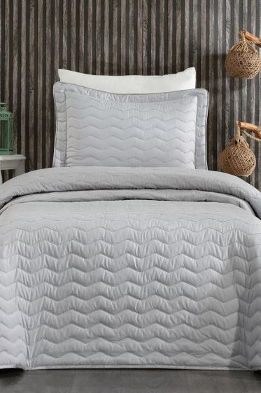 Perla Queen Size Quilted Bedspread 180x240 with Pillowcase, Queen Bed, Cotton Fabric, Single Size Gray