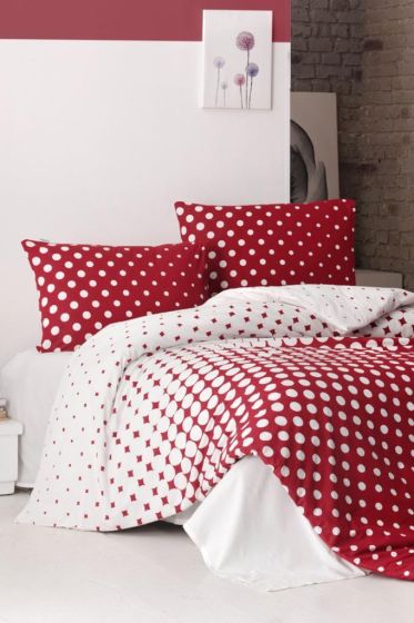 Puantiye %100 Cotton King Size Duvet Cover Set, Duvet Cover 200x220, Sheet 220x240, Double Size Red