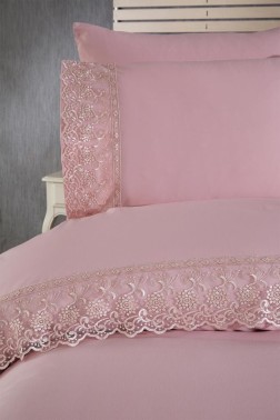 Reyhan Duvet Cover Set 6pcs, Duvet Cover 200x220, Bedsheet 240x260 Cotton Fabric, Full Size, Double Size Pink - Thumbnail