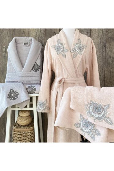 Sable 6 Pcs Bamboo Bathrobe Set with Lace, Bathrobe, Hair Towel 50x90, Bath Towel 70x140 Gray - Pink