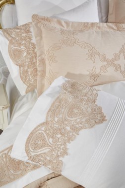 Sahra 10 Pcs Bridal Wedding Set, Bedspread 240x260,Duvet Cover 200x220, Blanket 220x240, Sheet 230x240, Pillowcase, Cotton Fabric, Beige - Thumbnail