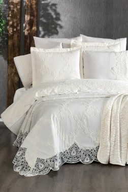 Sahra 10 Pcs Bridal Wedding Set, Bedspread 240x260,Duvet Cover 200x220, Blanket 220x240, Sheet 230x240, Pillowcase, Cotton Fabric, Cream - Thumbnail