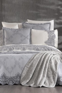 Sahra 10 Pcs Bridal Wedding Set, Bedspread 240x260,Duvet Cover 200x220, Blanket 220x240, Sheet 230x240, Pillowcase, Cotton Fabric, Gray - Thumbnail