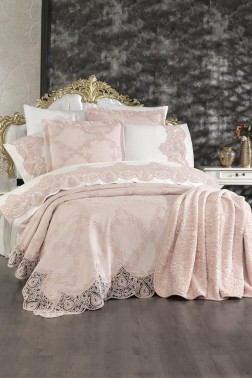 Sahra 10 Pcs Bridal Wedding Set, Bedspread 240x260,Duvet Cover 200x220, Blanket 220x240, Sheet 230x240, Pillowcase, Cotton Fabric, Pink - Thumbnail