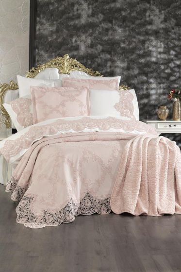 Sahra 10 Pcs Bridal Wedding Set, Bedspread 240x260,Duvet Cover 200x220, Blanket 220x240, Sheet 230x240, Pillowcase, Cotton Fabric, Pink