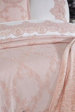 Sahra 10 Pcs Bridal Wedding Set, Bedspread 240x260,Duvet Cover 200x220, Blanket 220x240, Sheet 230x240, Pillowcase, Cotton Fabric, Pink - Thumbnail