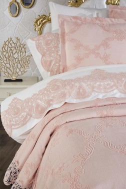 Sahra 10 Pcs Bridal Wedding Set, Bedspread 240x260,Duvet Cover 200x220, Blanket 220x240, Sheet 230x240, Pillowcase, Cotton Fabric, Pink - Thumbnail