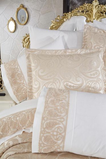 Sal 10 Pcs Bridal Wedding Set, Bedspread 240x260,Duvet Cover 200x220, Blanket 220x240, Sheet 230x240, Pillowcase, Cotton Fabric, Beige