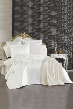 Sal 10 Pcs Bridal Wedding Set, Bedspread 240x260,Duvet Cover 200x220, Blanket 220x240, Sheet 230x240, Pillowcase, Cotton Fabric, Cream - Thumbnail