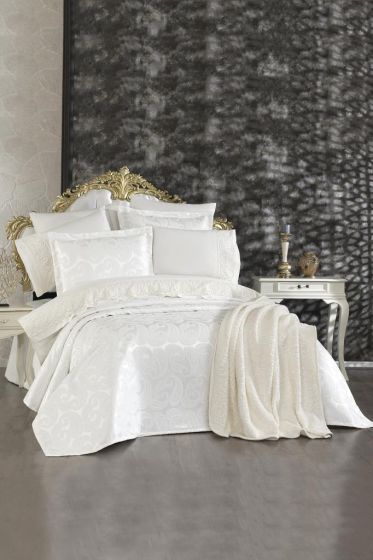 Sal 10 Pcs Bridal Wedding Set, Bedspread 240x260,Duvet Cover 200x220, Blanket 220x240, Sheet 230x240, Pillowcase, Cotton Fabric, Cream