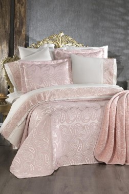 Sal 10 Pcs Bridal Wedding Set, Bedspread 240x260,Duvet Cover 200x220, Blanket 220x240, Sheet 230x240, Pillowcase, Cotton Fabric, Pink - Thumbnail