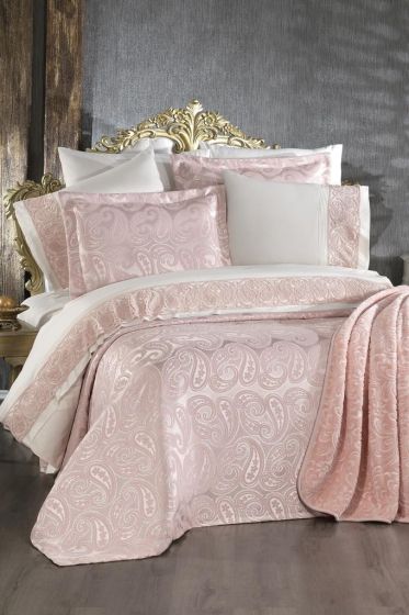 Sal 10 Pcs Bridal Wedding Set, Bedspread 240x260,Duvet Cover 200x220, Blanket 220x240, Sheet 230x240, Pillowcase, Cotton Fabric, Pink