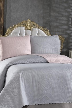 Sanem Double Sided, Full Size Bedspread Set, Coverlet 230x250 with Pillowcase Pink Gray - Thumbnail