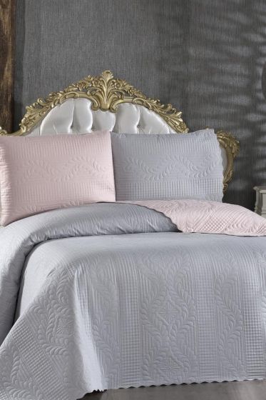 Sanem Double Sided, Full Size Bedspread Set, Coverlet 230x250 with Pillowcase Pink Gray