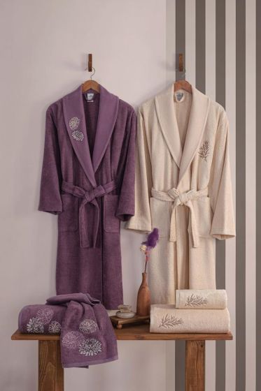 Siena Embroidered 6 Pcs Bamboo Bathrobe Set, Bathrobe, Hair Towel 50x90, Bath Towel 70x140 Plum Ecru