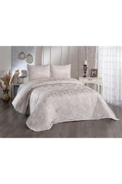 Slayka Single Size Bedspread Set, Coverlet 160x235 with Pillowcase, Chenille Fabric, for Queen Bed, Cappucino - Thumbnail