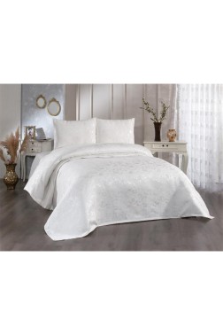 Slayka Single Size Bedspread Set, Coverlet 160x235 with Pillowcase, Chenille Fabric, for Queen Bed, Cream Cappucino - Thumbnail