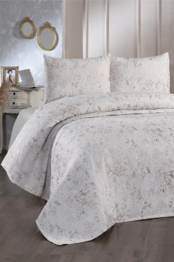 Slayka Single Size Bedspread Set, Coverlet 160x235 with Pillowcase, Chenille Fabric, for Queen Bed, Cream Cappucino - Thumbnail