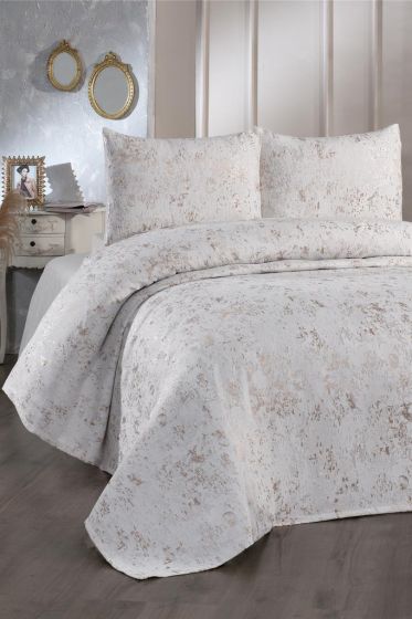 Slayka Single Size Bedspread Set, Coverlet 160x235 with Pillowcase, Chenille Fabric, for Queen Bed, Cream Cappucino