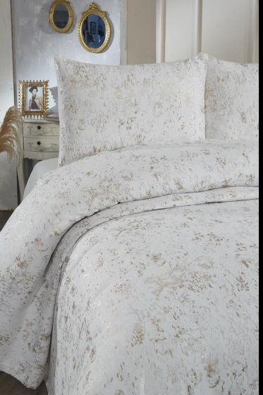 Slayka Single Size Bedspread Set, Coverlet 160x235 with Pillowcase, Chenille Fabric, for Queen Bed, Cream Cappucino