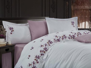 Autumn Embroidered Cotton Satin Double Duvet Cover Set Lilac - Thumbnail