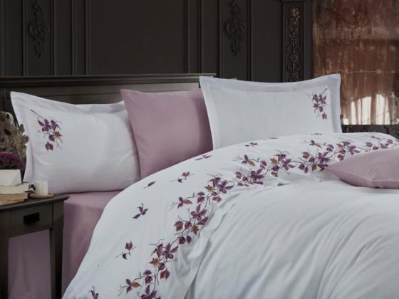 Autumn Embroidered Cotton Satin Double Duvet Cover Set Lilac