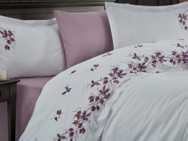 Autumn Embroidered Cotton Satin Double Duvet Cover Set Lilac - Thumbnail