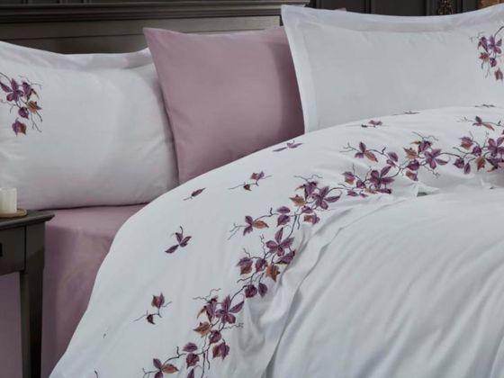 Autumn Embroidered Cotton Satin Double Duvet Cover Set Lilac