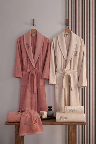 Talia Embroidered 6 Pcs Bamboo Bathrobe Set, Bathrobe, Hair Towel 50x90, Bath Towel 70x140 Orange Ecru