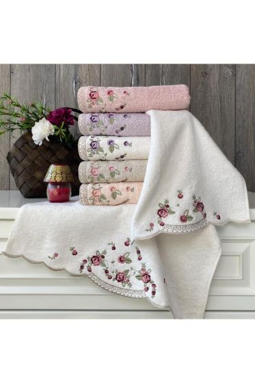 Taren Embroidered 6 pcs in Set Bamboo Hand and Face Towel 50x90 Cm