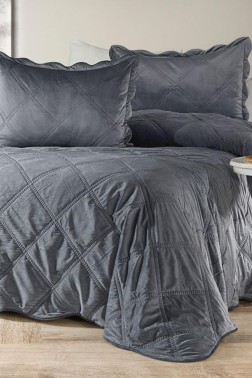 Toyo King Size Bedspread 240x260 with Pillowcase, Full Bed, Velvet Fabric, Double Size Antrachite - Thumbnail