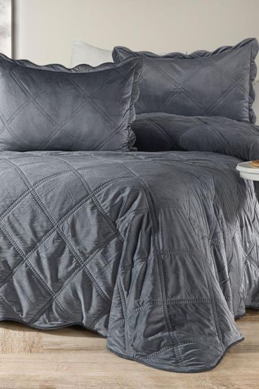 Toyo King Size Bedspread 240x260 with Pillowcase, Full Bed, Velvet Fabric, Double Size Antrachite