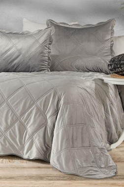 Toyo King Size Bedspread 240x260 with Pillowcase, Full Bed, Velvet Fabric, Double Size Gray - Thumbnail