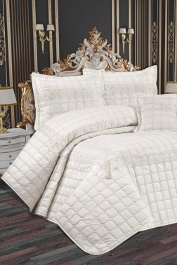 Tuba Quilted Bedspread Set, Coverlet 250x260, Pillowcase 50x70, Double Size,Cream - Thumbnail