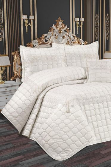 Tuba Quilted Bedspread Set, Coverlet 250x260, Pillowcase 50x70, Double Size,Cream