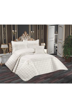 Tuba Quilted Bedspread Set, Coverlet 250x260, Pillowcase 50x70, Double Size,Cream - Thumbnail