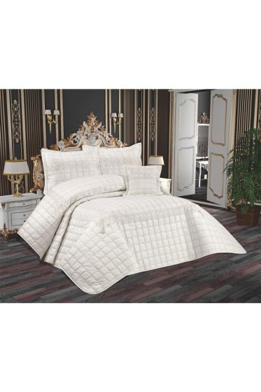 Tuba Quilted Bedspread Set, Coverlet 250x260, Pillowcase 50x70, Double Size,Cream