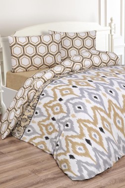 Viona Bedding Set 3 Pcs, Duvet Cover, Bed Sheet, Pillowcase, Queen Size, Self Patterned, Wedding, Daily use Brown - Thumbnail