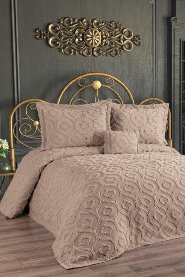 Zarife King Size Cotton Bedspread Set, Coverlet 240x250,with Pillowcase, Double Size, Cotton Fabric, Cappucino