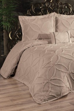 Zehra King Size Cotton Bedspread Set, Coverlet 240x250,with Pillowcase, Double Size, Cotton Fabric, Cappucino - Thumbnail