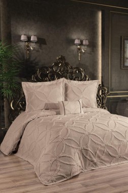 Zehra King Size Cotton Bedspread Set, Coverlet 240x250,with Pillowcase, Double Size, Cotton Fabric, Cappucino - Thumbnail