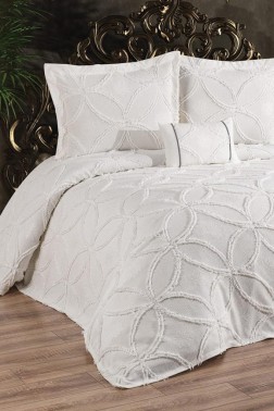 Zehra King Size Cotton Bedspread Set, Coverlet 240x250,with Pillowcase, Double Size, Cotton Fabric, Cream - Thumbnail