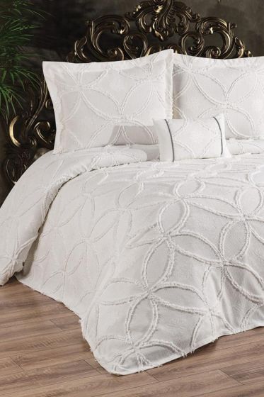 Zehra King Size Cotton Bedspread Set, Coverlet 240x250,with Pillowcase, Double Size, Cotton Fabric, Cream