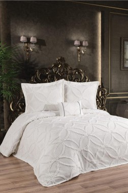 Zehra King Size Cotton Bedspread Set, Coverlet 240x250,with Pillowcase, Double Size, Cotton Fabric, Cream - Thumbnail