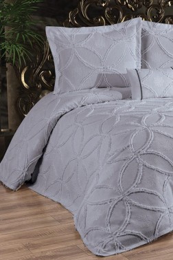 Zehra King Size Cotton Bedspread Set, Coverlet 240x250,with Pillowcase, Double Size, Cotton Fabric, Gray - Thumbnail